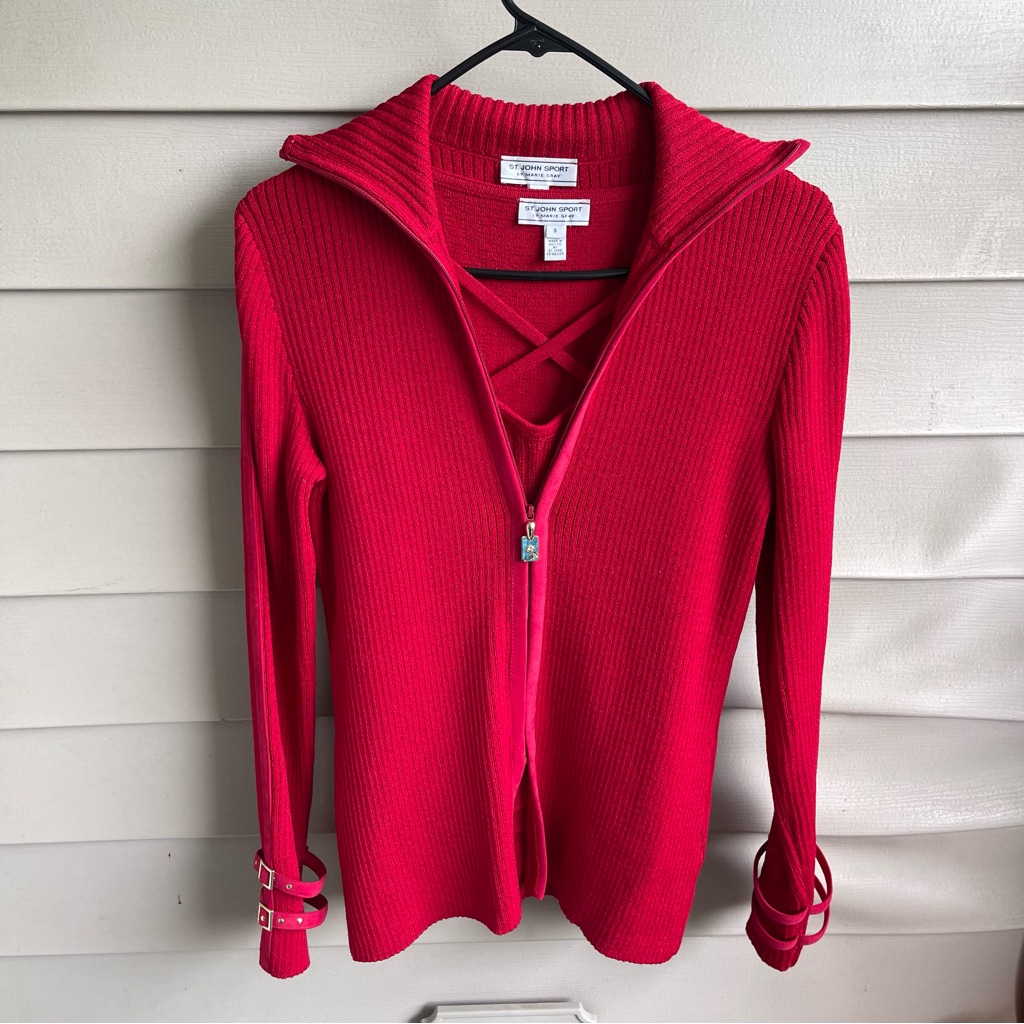 St. John Sport By Marie Gray 2 Piece Sleeveless Top Cardigan Womens S Red Preppy